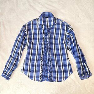 GANT Womens Plaid Shirt Blouse Ruffled Placket Blue cotton And Silk EU 36